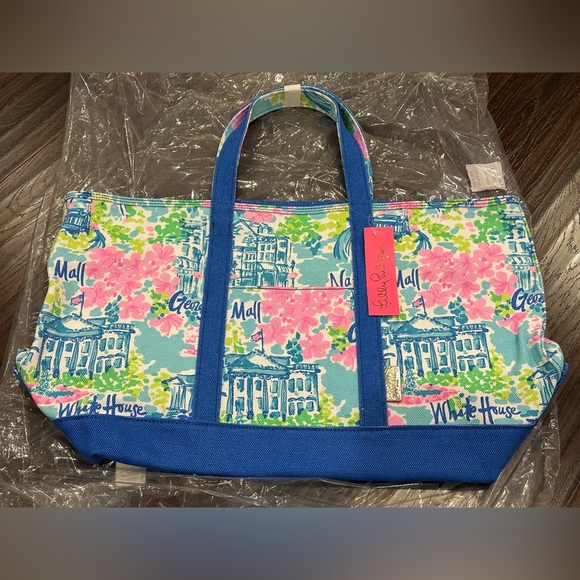 Women’s Lilly Pulitzer Mercato Canvas Cotton Tote Bag - Multi Lilly Loves DC - Picture 4 of 9